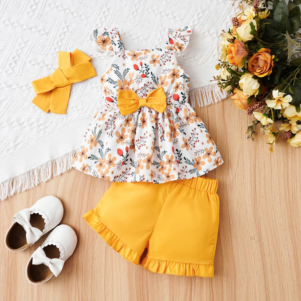 3st Baby Girl Blommönster Print Dekor Peplum linne & 100% bomull Shorts & Pannband Set Yellow 6-9Months
