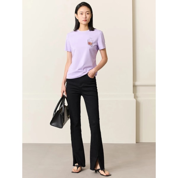 Minimalism Mångsidig Casual Topp Kvinnor 2023 Sommar Ny O-hals Kort ärm Office Lady Chic Printed Kvinnlig T-shirt 12322047 purple S