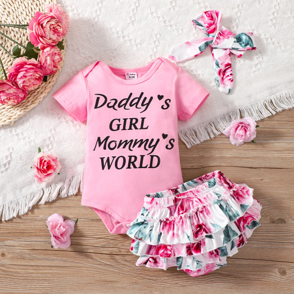 3st Baby Girl 95 % bomull Kortärmad Print och print Layered Ruffel Trim Shorts & Pannband Set Pink 0-3Months