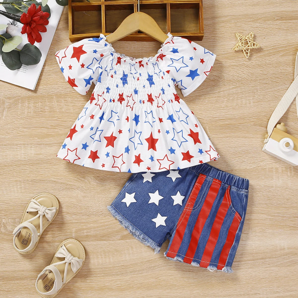 Independence Day 2 st Baby Girl Stars Print Smockad kortärmad klänning och set i 95 % bomull DENIMBLUE 18-24Months