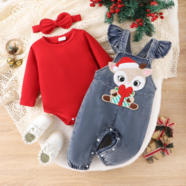 Christmas Deer Jeans Denim Set för Baby Girl med volangkant Red 0-3Months