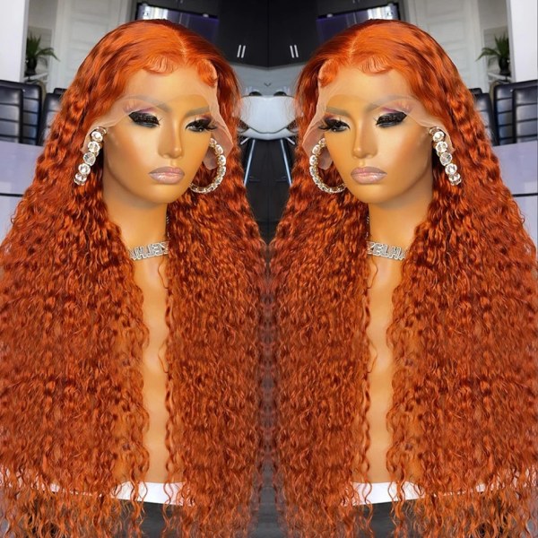 Ingefära Orange 13x4 Transparent Deep Wave Spets Frontal Peruk Highlight Färgad Spets Front Peruk Vatten lockigt människohår Peruker för kvinnor 30inches 13x4 Lace Wig