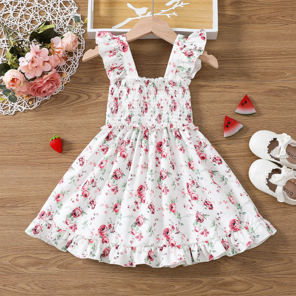 Toddler sött print med smockad ärmlös klänning White 5-6Years
