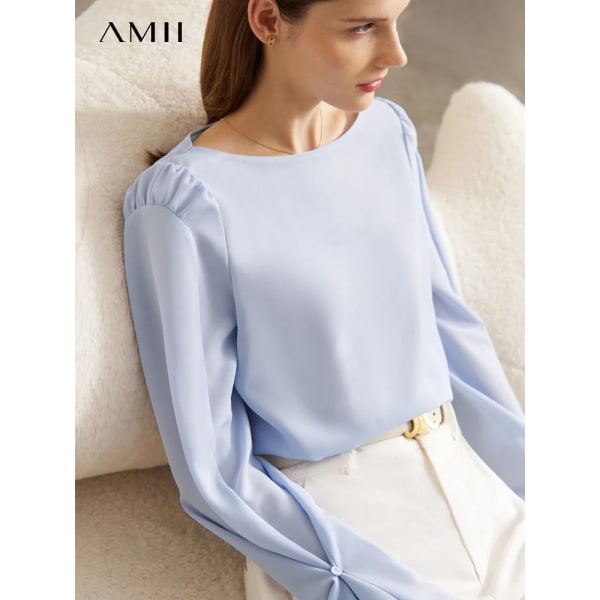 Minimalism Blus för kvinnor 2023 Vårmode Solid nisch Kontor Damskjorta Blusar med blussärmar Pullover Toppar 72341046 Black S