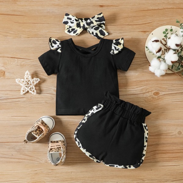 3st Baby Girl 95 % bomull Print volanger Brev Grafisk kortärmad t-shirt och shorts & set Black 12-18Months
