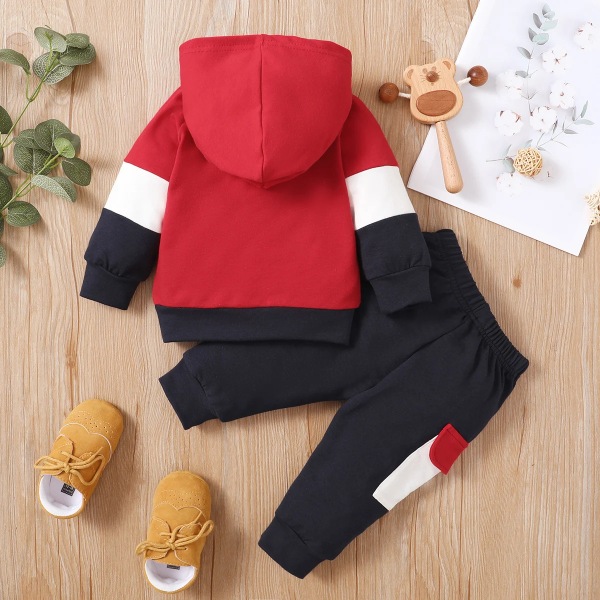 2st Baby Color Block Långärmad hoodie och byxa set Red 3-6Months