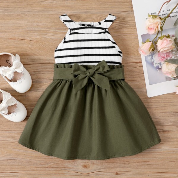 2st Baby Girl Stripe Ribbad Halter Neck Top och bältad solid kjol Set Armygreen 12-18Months