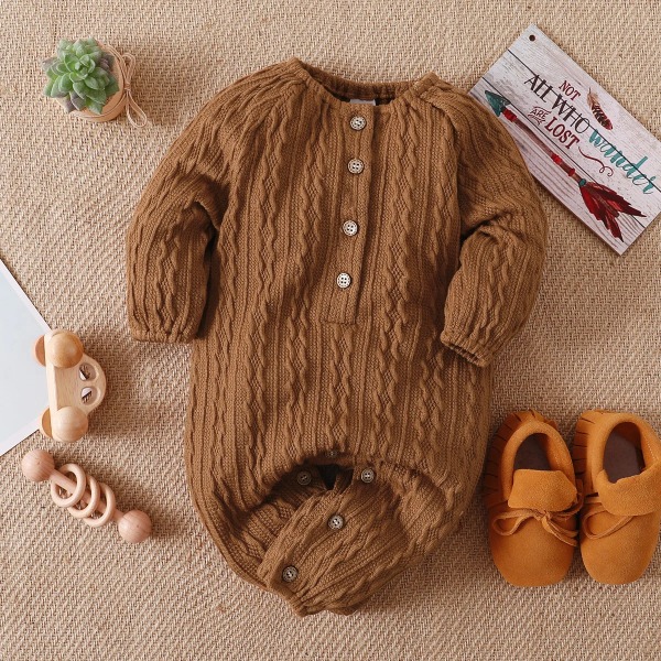 Solid stickad knappdesign Långärmad baby jumpsuit Brown 6-9Months