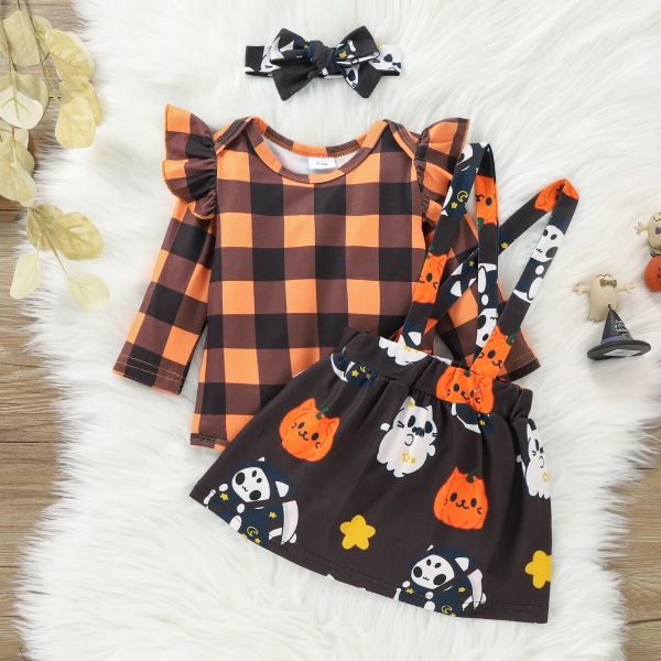 Halloween-stil Festklänning Nyfödd Baby Girl Kläder Nyfödda Barn Print Volang Dekor Långärmad Orange Baby Set Black 12-18 Months