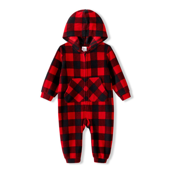 Julfamilj Matchande Röd Rutig Huva Långärmad Förtjockad Polar Fleece Dragkedja Onesies Pyjamas (flammsäker) redblack WomenM