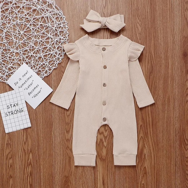 2021 Ny vår och höst Baby Solid Jumpsuit med Pannband Set för Baby Girl Bebiskläder Khaki 0-3 Months