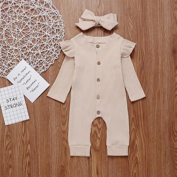 2021 Ny vår och höst Baby Solid Jumpsuit med Pannband Set för Baby Girl Bebiskläder Pink Newborn