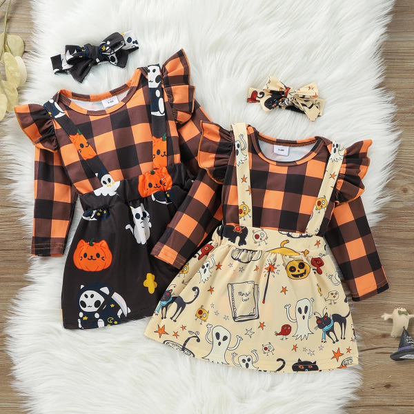 Halloween-stil Festklänning Nyfödd Baby Girl Kläder Nyfödda Barn Print Volang Dekor Långärmad Orange Baby Set Orange 9-12 Months