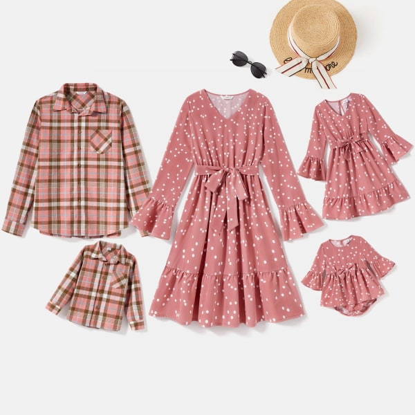 Matchande kläder för familjen print V-ringad bälte med volangfåll Klänningar och rutiga skjortor Pink Men M