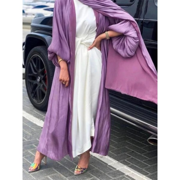 Eid Djellaba Abaya Dubai Glänsande mjuk manschett Ärmar Muslimsk klänning Silkeslen Kimono Dubai Turkiet Muslimsk klänning Islam Abayas Med Bälte WY56 Purple No Scarf L