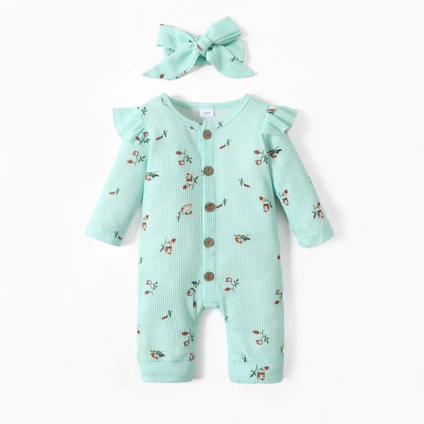 2st Baby Girl 95 % bomull Print blommönster med volang med knäppning Våffel Jumpsuit med set LightBlue 12-18 Months