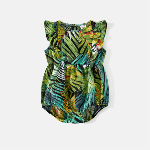 Familjematchande kläder 95 % bomull Allover Tropical Plant Print Halter Midi-klänningar Kortärmade Colorblock Tee-set Multi-color Women L