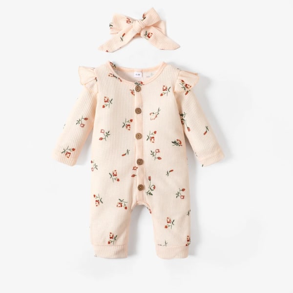 2st Baby Girl 95 % bomull Print blommönster med volang med knäppning Våffel Jumpsuit med set Beige 3-6 Months