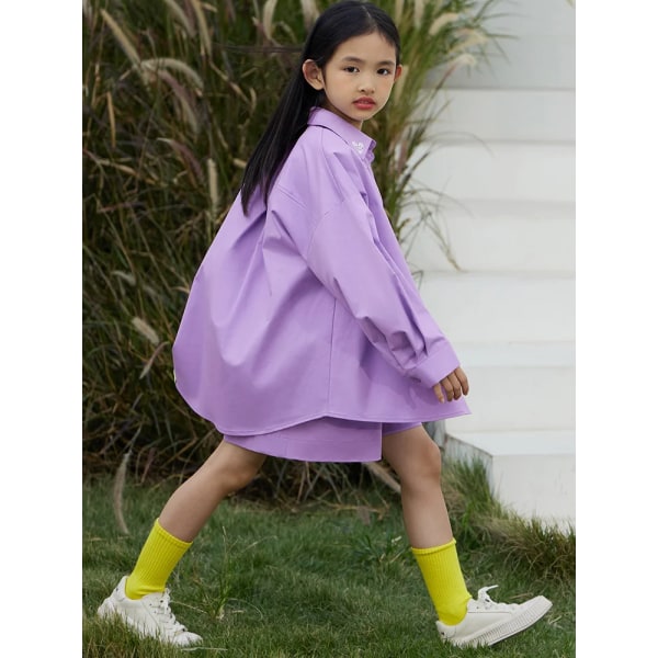 Barnkläder Flickuppsättningar Blus Vår 4-6 år långärmad lös bokstav Skjortor i koreansk stil Casual Toppar Shorts Byxor 22341019 purple 120cm