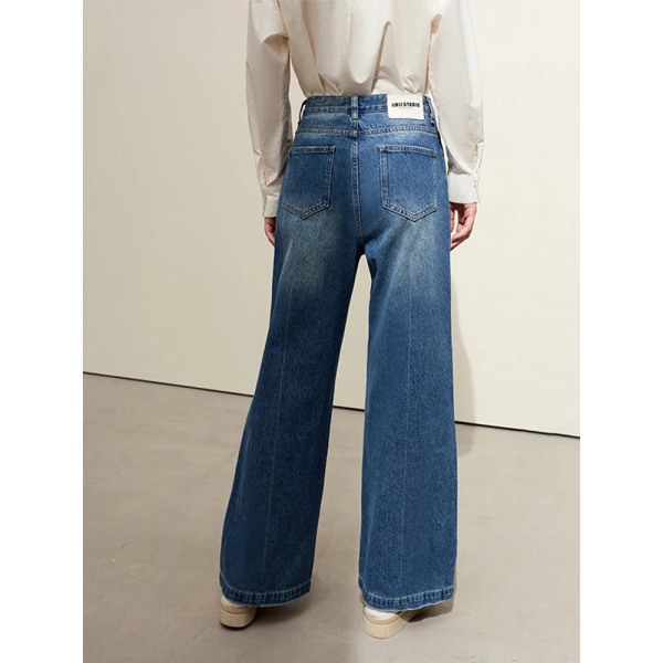Hong Kong Style Jeans med vida ben för kvinnor 2023 Höst Ny Vintage Casual Lös bomull veckade raka byxor Byxa 72323005 Denim Blue L
