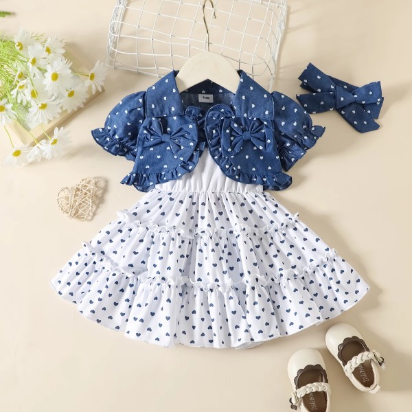 3 st Baby Girl 100 % bomull Heltäckande print Puff-ärm Denim Crop Top och Cami Dress & Pannband Set Blue 18-24Months