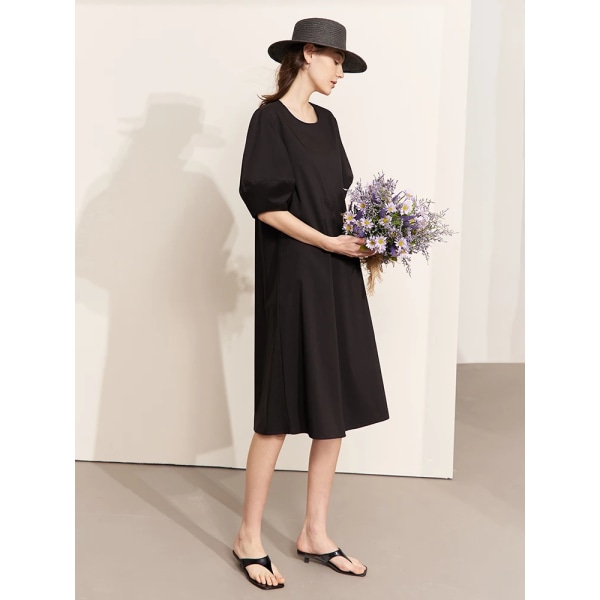 Minimalism 2023 Sommar Ny Lång Dam Klänning Lyktärm Solid O-hals Casual Lös kontor Dam Svart Vestidos 12240238 black12352009 L