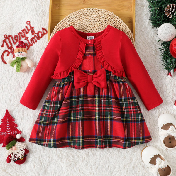 Julklänningar Baby Girl Kläder Röda Faux-två Långärmad volangkant Rosett Plädklänning fram Red 3-6 Months