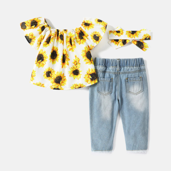 3 st Baby Girl Allover Solros Print Off Shoulder Kortärmad topp och slitna jeans med set Black 12-18Months