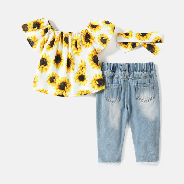 3 st Baby Girl Allover Solros Print Off Shoulder Kortärmad topp och slitna jeans med set Black 6-9Months