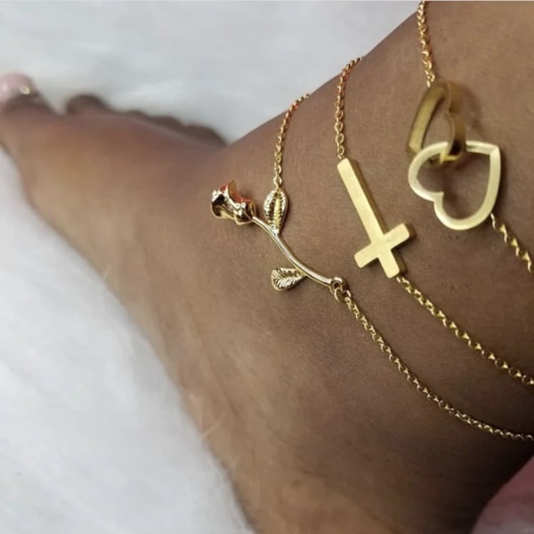 ICFTZWE Dubbelhjärta fotlänkar för kvinnor Rostfritt stål Benkedja Armband Bohemiska smycken Tillbehör Present Bijoux Gold-color