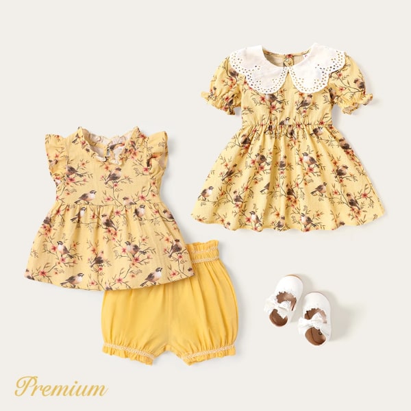 2st Baby Girl 100% bomull Allover blommönster med print linne och shorts set Yellow 18-24Months
