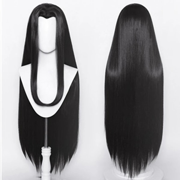 80 cm peruker 100 cm svart lång rak centerparting Widow's Peak-stil värmebeständigt syntetiskt hår Anime Cosply peruk + cap 100cm Wig One Size