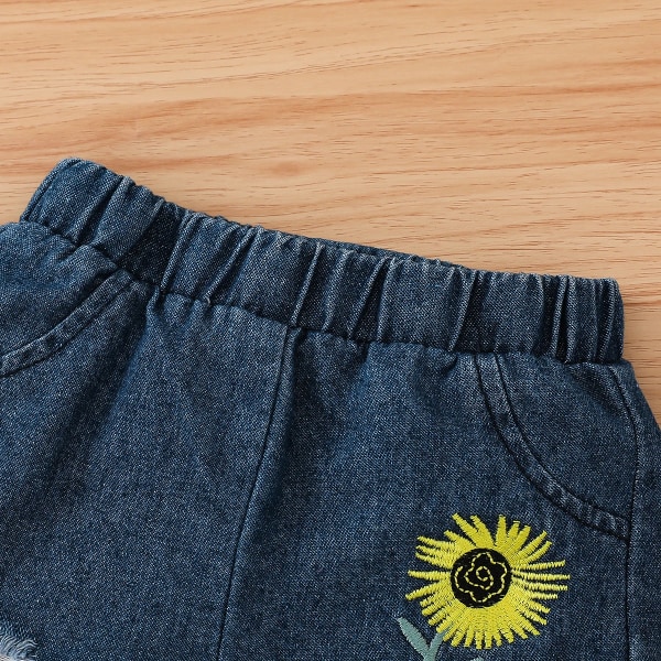 2st Baby Girl Sunflower Print Camisole och 100% bomull Ripped Denim Shorts Set Yellow 3-6Months