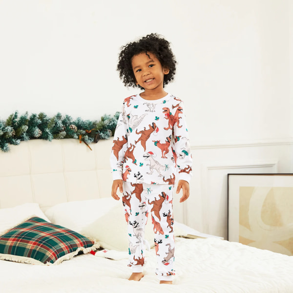 Jul Dinosuar Print Familjematchande pyjamasset (flammsäker) White Baby3-6M