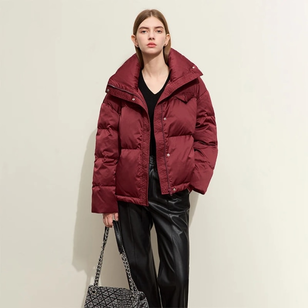 Dunjacka dam 2023 Vinterny Puff Bread Coat Lapel Drop-Soulder Sleeve Kort kontor Dam Ytterkläder 12324054 bordeaux red L