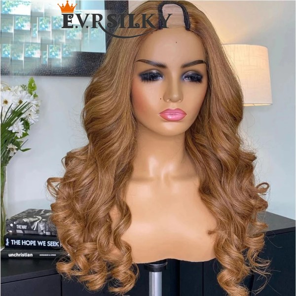 Golden Honey Blond Natural Wave V-del peruk med klämmor Remy 100 % människohår Mellanöppen peruk limlös kropp vågig hel U-form peruk 130density 22inches