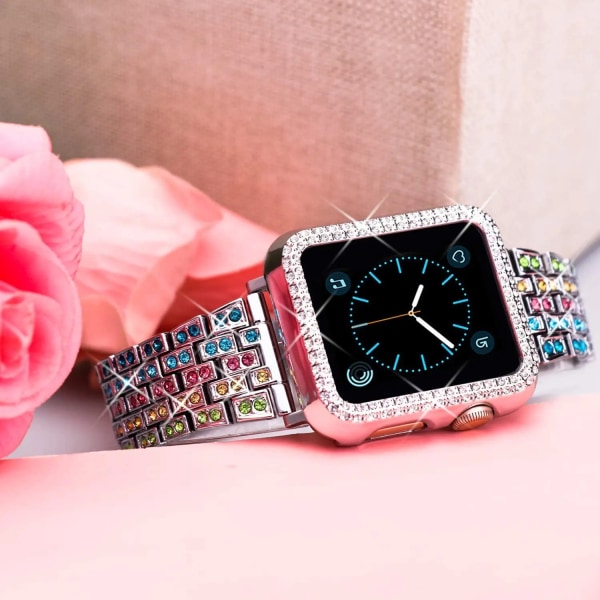 Diamant metallrem+ case För Apple watch 8 7 45mm 41mm 6 5 4 SE 44 mm 40mm lyxigt armband armband För iwatch 3 2 42mm 38mm Rose pink For iwatch 45mm