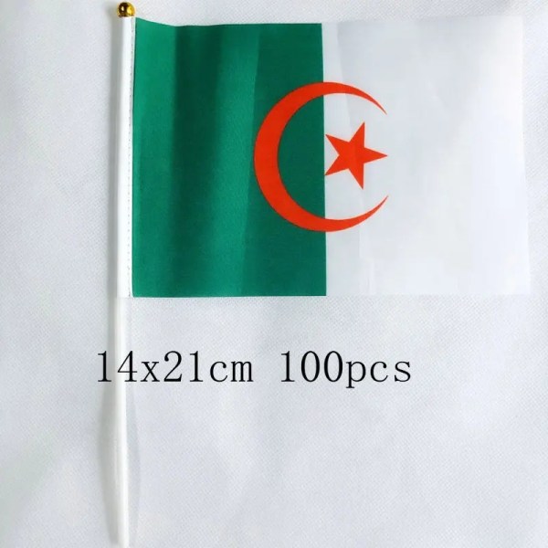 zwjflagshow Algeriet Handflagga 14*21cm 100st polyester Algeriet Liten Handviftande flagga med plastflaggstång för dekoration Blue and White Stripe 14x21cm 100pcs