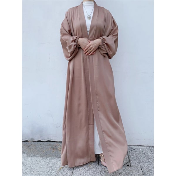 Eid Djellaba Abaya Dubai Glänsande mjuk manschett Ärmar Muslimsk klänning Silkeslen Kimono Dubai Turkiet Muslimsk klänning Islam Abayas Med Bälte WY56 Khaki 2 No Scarf L