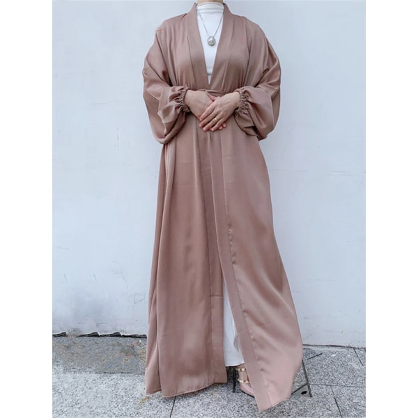 Eid Djellaba Abaya Dubai Glänsande mjuk manschett Ärmar Muslimsk klänning Silkeslen Kimono Dubai Turkiet Muslimsk klänning Islam Abayas Med Bälte WY56 Khaki 2 No Scarf XL