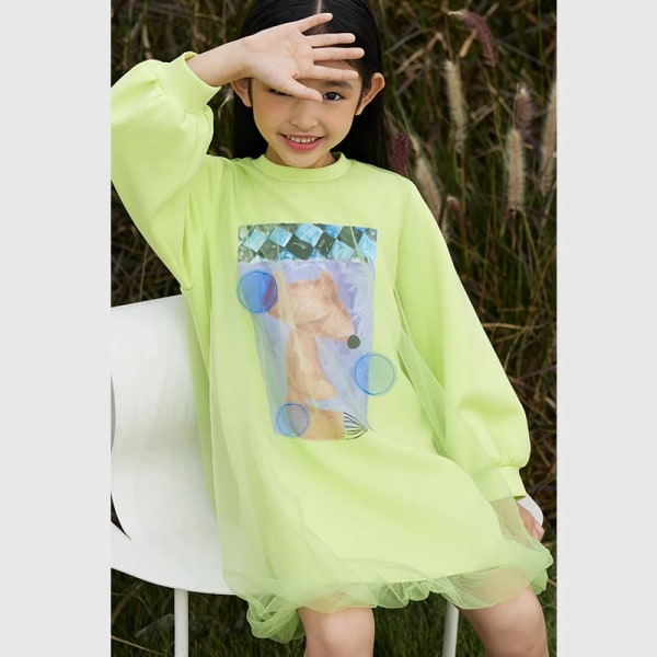 barn Klänning för tjejer 2023 Vår midiklänning långärmad Printed Princess Mesh Klänning Barnkläder Vestidos 22341026 Green 110cm
