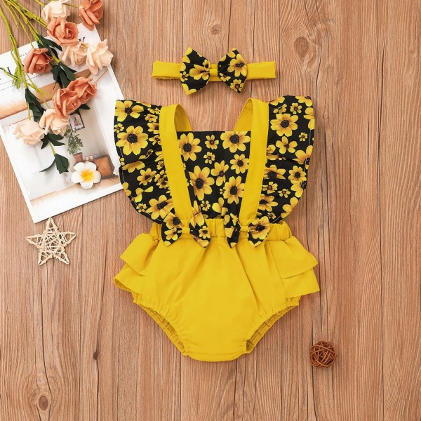 2st Baby Girl Solros Print Splits Gul Layered ärmlös volanger Romper med Pannband Set Yellow 12-18Months