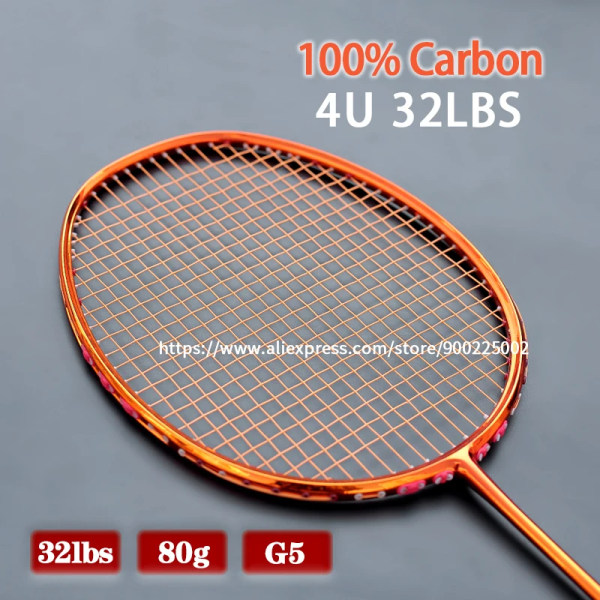 Högspänning 32LBS 100% kolfiber badmintonracket med strängar Väskor Professionell 4U 82G racket Speed ​​Sport för vuxna Orange