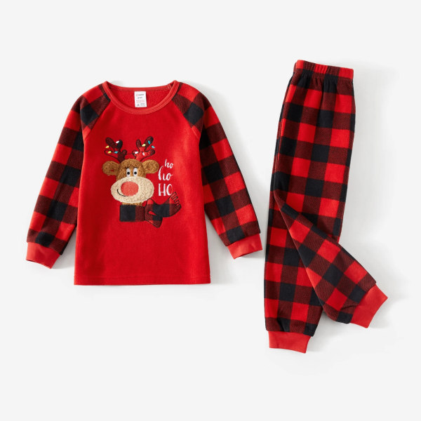 Julfamiljsmatchande pyjamas Renbroderad pläd förtjockad polarfleecepyjamasset (flammsäker） redblack Kids 8-9 Years