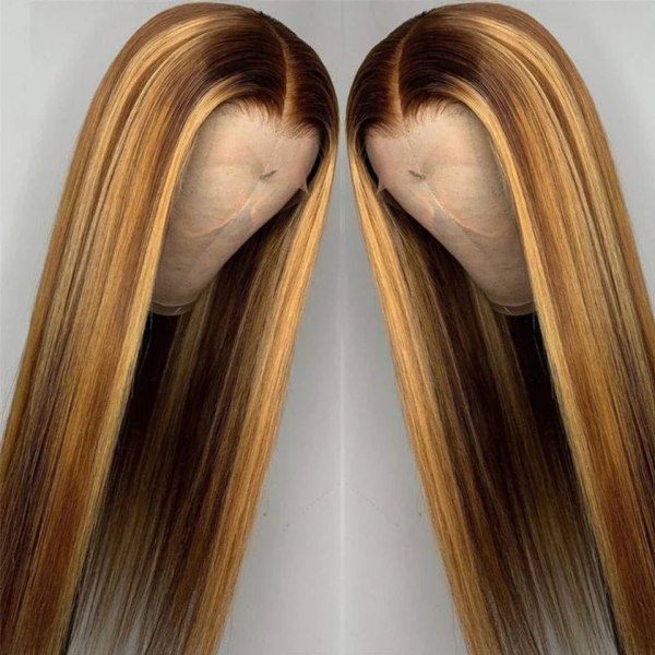 Rak Highlight Peruk 13x1 Spetsdel Människohår Ombre Brun Honung Blond Brasilianskt långt människohår Peruker För Kvinnor Förplockade 12inches 13x4 Lace Wig