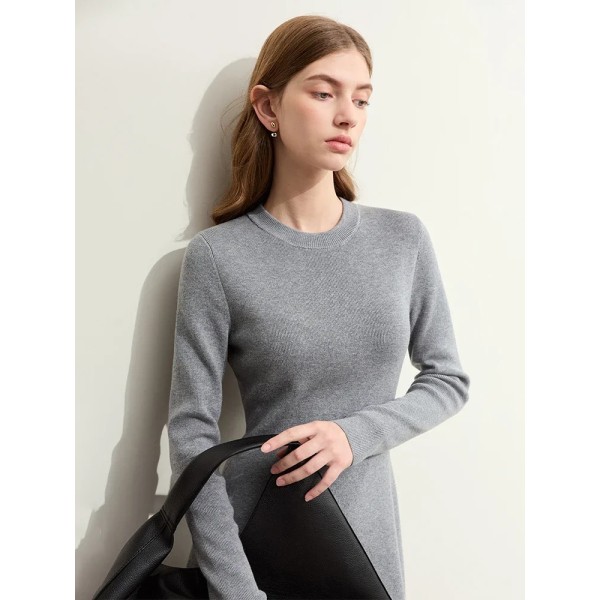 Minimalistisk 2023 vinterstickad smal klänning för kvinnor Ny pendlare Trendig crewneck kvinnlig Maillard Solid Vestidos 12354046 coffee XL