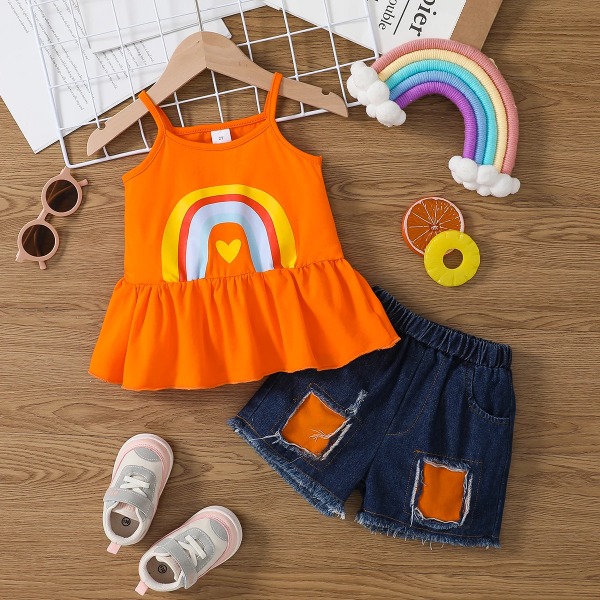2st Toddler Trendig bomull med volang camisole och set med riven panel Orange 3-4 Years