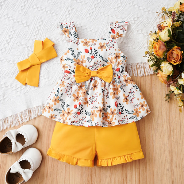 3st Baby Girl Blommönster Print Dekor Peplum linne & 100% bomull Shorts & Pannband Set Yellow 12-18Months