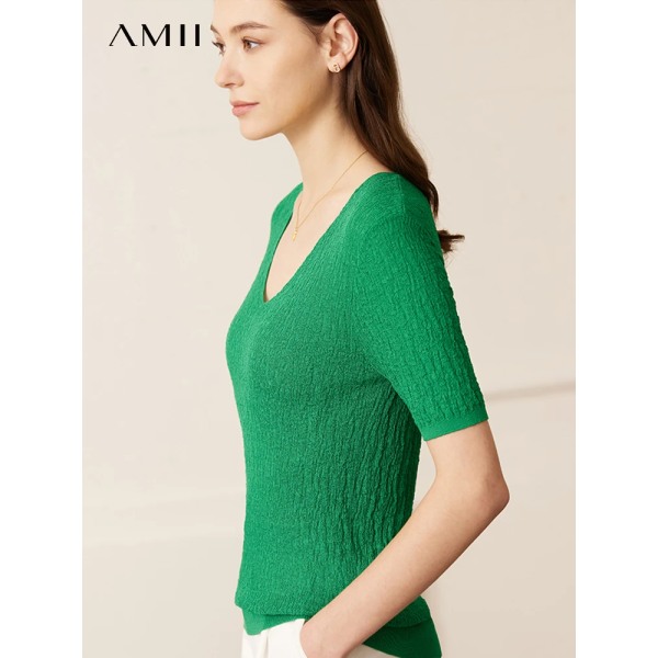 Minimalism 2023 Sommar Nya Solid Slim Kvinnlig Stickad Pullover Dam Knitwears V Neck Chic Vik Damkläder 72342003 green M