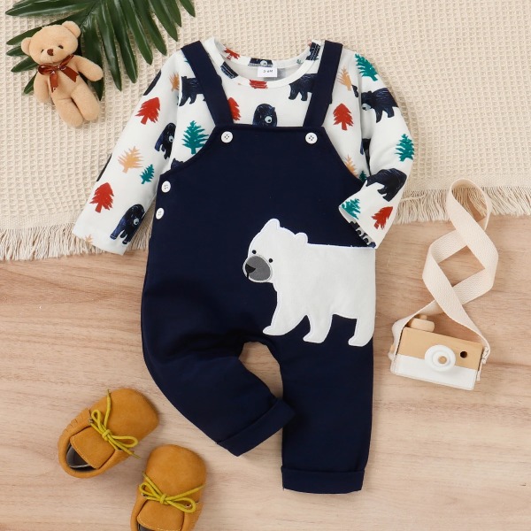 2st Baby Boy Allover Dinosaur Print Långärmad T-shirt och broderade set blue 12-18 Months